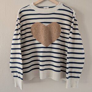 St. John's Bay Navy White‎ Stripe Sweater Boucle Heart Preppy Nautical Sz PXL